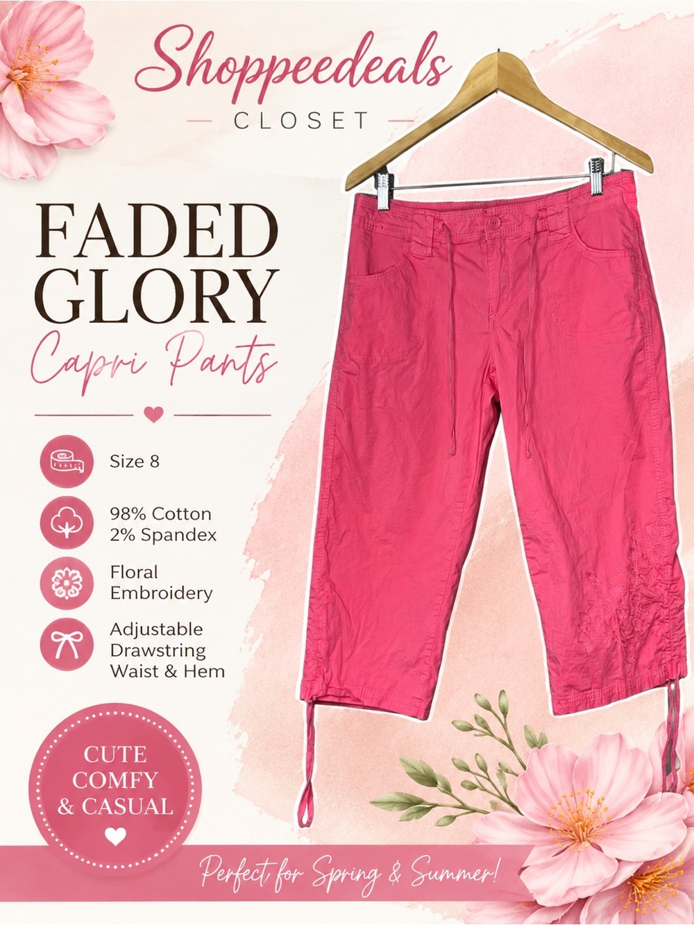 Faded Glory Coral Pink Embroidered Capri Pants | Size 8 | Drawstring